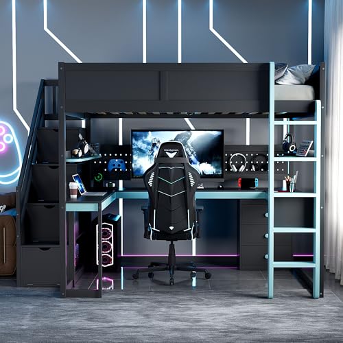FUvellamo Full Size Gaming Loft Bed with Desk, Wood Gaming Loft Bed Frame with Storage Stairs, Drawers, Shelves & Pegboard, Esports Gaming Loft Bed for Kids, Teens, Adults, Black+Blue FUvellamo