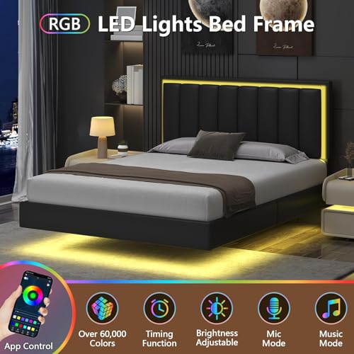IMMERSTABLE Floating Bed Frame Queen, Queen Upholstered Bed Frame with Headboard, RGB LED Ligths, Solid Wood Slats Support, No Box Spring Needed, Noise-Free, Easy Assembly, Black IMMERSTABLE