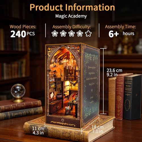 BELEEV Book Nook Kit - DIY Miniature Wooden Booknook with LED Lights, Dust Cover 3D Puzzle Bookend Bookshelf Decor Gift for Adults Teens - Magic Academy