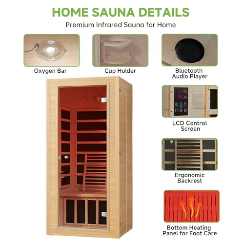 Real Relax Far Infrared Sauna for Home, 1 Person Indoor Home Sauna Low Emf, Canadian Hemlock Wooden Dry Saunas Room with Bluetooth Speakers, 9-Color Light Therapy, 1574w/110v for Personal Spa Real Relax