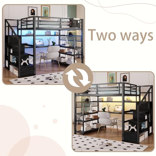Mirightone Full Size Loft Bed with Desk & Stairs, Heavy-Duty Metal Loft Beds with Upper Shelves & Wardrobe, High Loft Bed Frame with LED and Charging Station for Boys, Girls and Teens (Black) Mirightone