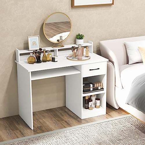 IFANNY Computer Desk with Drawers, Study Table with Storage Shelves, Keyboard Tray, Power Outlet, Wood Makeup Vanity Table, Small Desk for Bedroom, Study, Living Room, Home Office (White, 35.5''H) IFANNY