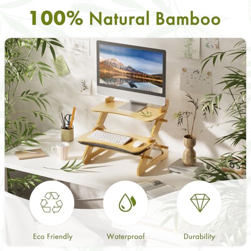 Amazer Standing Desk Converter, 22 inch Bamboo Small Sit Stand Up Desk Riser with Lap Desk Computer Desktop Desk Converter for Monitor and Laptop with Keyboard Tray Amazer