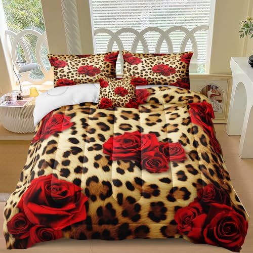 MOVE OVER Cheetah Print Comforter Set King Size Red Rose Flower Bedding Set 4 Pieces Ultra Soft Microfiber Romantic Rose and Leopard Print Comforter Sets for Women and Female MOVE OVER