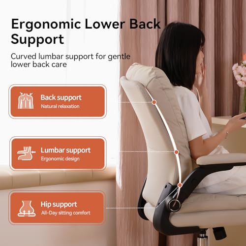 LEAGOO Ergonomic Executive Office Chair, Mid Back Comfy Desk Chairs with 3D Padded Flip-up Arms, Faux Leather Computer Rolling Chair with Wheels for Home, Adjustable Height, 300lbs, Beige LEAGOO