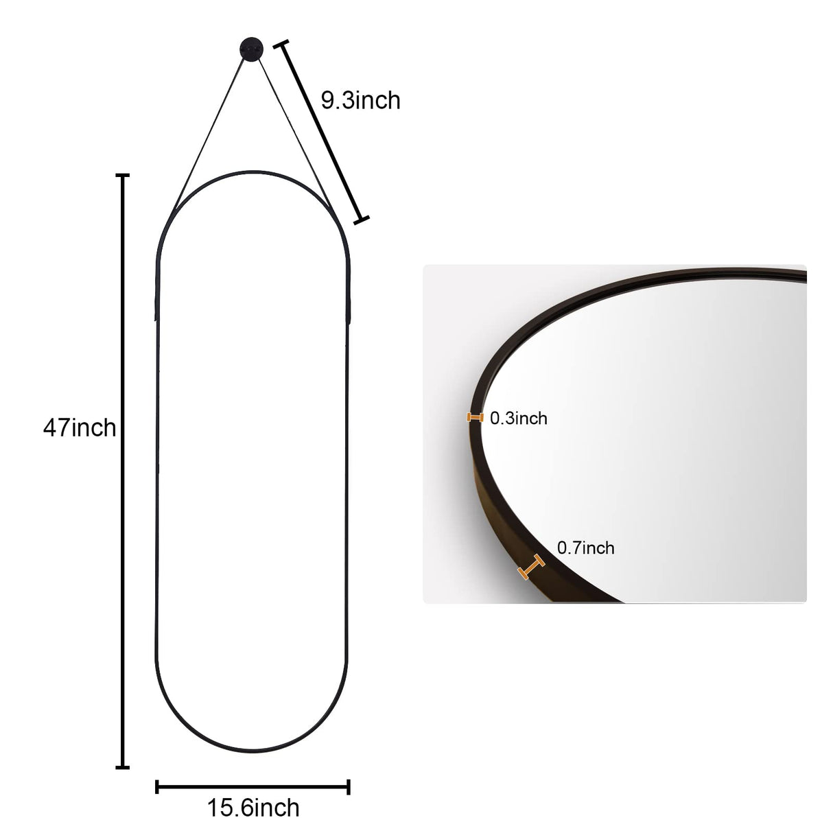 HARRITPURE 16"x48" Oval Hanging Mirror with Leather Strap Full Length Mirror Aluminum Frame Wall-Mounted Hanging Mirrors for Bathroom Vanity Living Room Bedroom Entryway Decor HARRITPURE