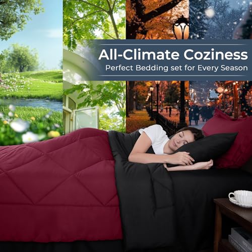 HEVUMYI Red & Black Full Comforter Set - 7-Piece All Season Bed in a Bag Full, Ultra Soft Burgundy Bedding Set with Comforter, Flat Sheet, Fitted Sheet, Pillowcases, Pillow Shams, Burgundy Red & Black HEVUMYI