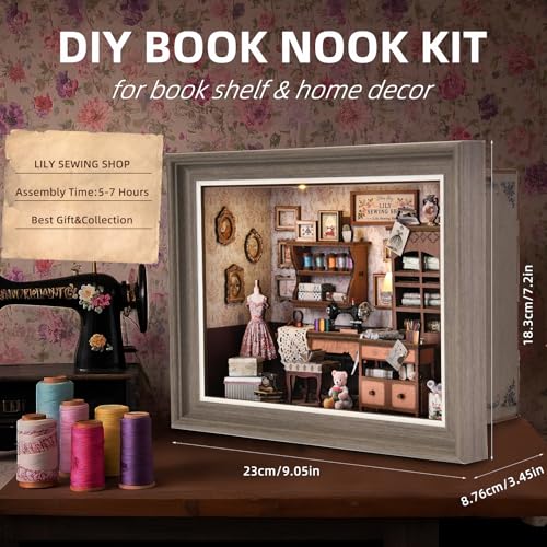 Book Nook Kit - 3D Wooden Puzzle with LED Switch Control & Wall-Mountable Frame,DIY Miniature House for Beginners,Bookshelf/Tabletop/Wall Decor for Craft Lovers,Dollhouse Gift (Lily Sewing Shop)