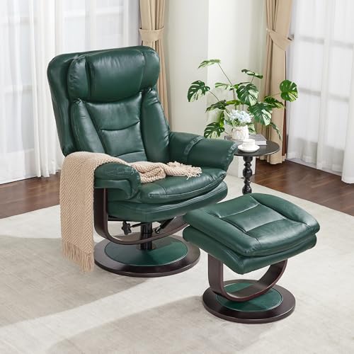 MCombo Oversized Swivel Recliner Chair with Ottoman, Adjustable Backrest, 360° Wood Base, High Seat, Faux Leather Lounge Chair for Tall Users in Living Room, Bedroom, or Office 4651 (Green)