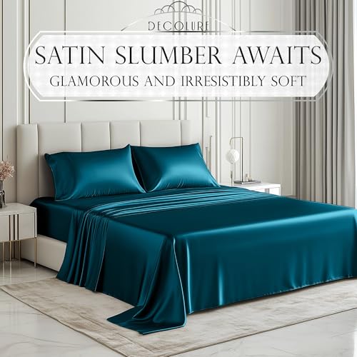 DECOLURE Satin Bed Sheets - 6 Piece Luxury Silky Queen Size Bedding Set - Softer Than Silk, Wrinkle-Free with 15” Deep Pocket Fitted Sheet, Perfect for Hair & Skin, Gifts for Women (Sea Teal) DECOLURE