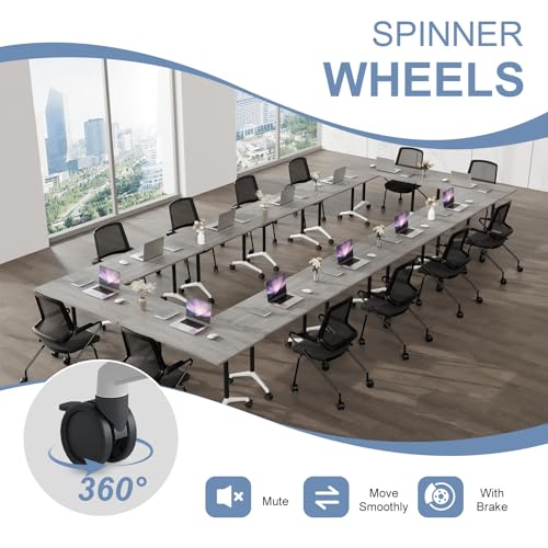 Modular Conference Table 4PCS, Folding Conference Room Tables on Wheels Grey 63in, Modern Rectangular Training Table for Office Meeting, Rolling Seminar Tables for 4-12 JNMDLAKO
