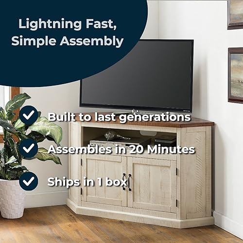 Martin Svensson Rustic Solid Wood TV Stand - Antique White and Honey Tobacco Finish - Hexagonal Shape and Farmhouse Design Entertainment Center with Shelves Included Martin Svensson Home