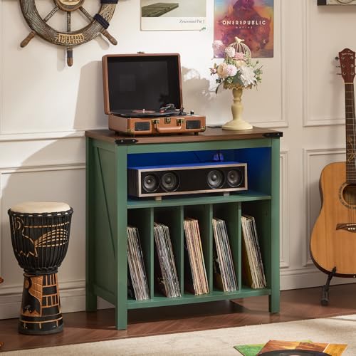 Joaxswe Large Record Player Table with Charging Station & LED Lights, Green Vinyl Record Storage Cabinet Holds up to 230 Albums, Turntable Stand with Display Shelf for Music Room Bedroom Living Room Joaxswe