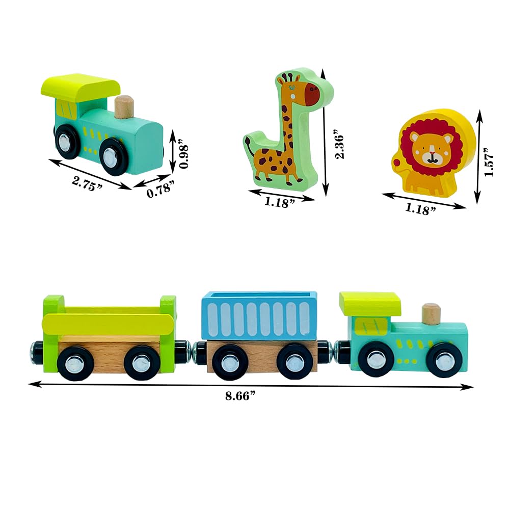 Wooden Trains Cars with Crane Magnetic Train Toys for Wooden Train Tracks Train Sets for Toddlers and Kids Ages 3+ (Zoo Train) SAIBURAZ
