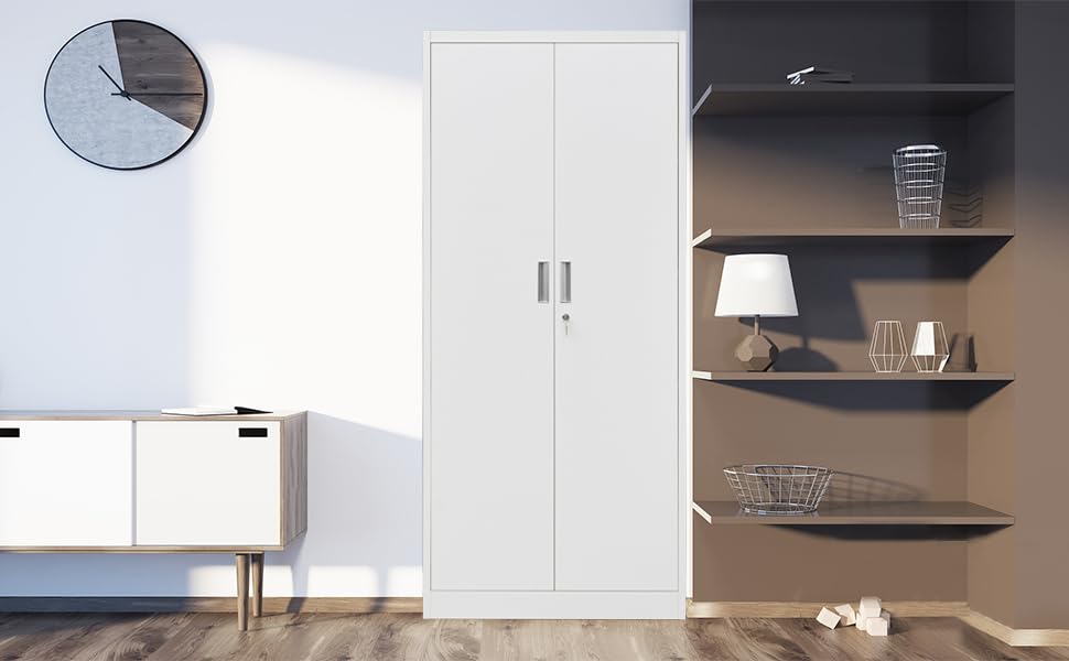 BESFUR Metal Storage Cabinets with Locking Doors and Adjustable Shelves, Steel Storage Cabinet for Garage, Office, Classroom - White BESFUR