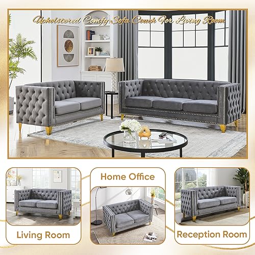 Velvet Living Room Sofa Set of 2, Comfy Loveseat and 3 Seater Couch, Modern Sofa with Tufted Back and Rivet Decoration, Upholstered Long Couch with Solid Golden Metal Tapered Legs, Grey KINFFICT