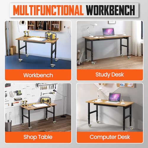 SGHATAJ 48” Adjustable Height Workbench with Drawers, Heavy-Duty Solid Wood Work Table with Lockable Wheels and Power Outlets, 3000 Lbs Capacity Workstation for Garage, Workshop, Home, Office SGHATAJ
