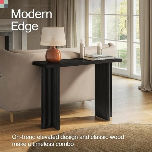 Fluted Console Table - Small Entry Desk for Narrow Spaces - Modern, Mid-Century Home Decor - Living Room Furniture - Solid Wood Entryway Table - Fluted Cross Bass and Rectangular Top (Black) Stead