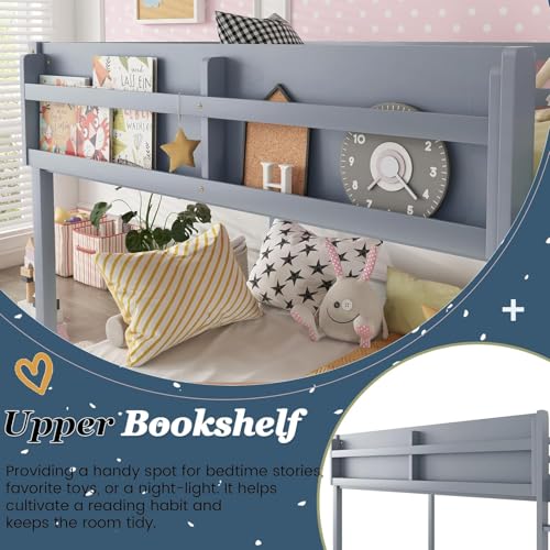 Duxelifin Twin Low Bunk Beds for Kids, Wooden Bunk Bed Frame Twin Over Twin, Convertible Floor Bunk Bed with Storage Shelf & Ladder, No Box Spring Needed (Grey) Duxelifin