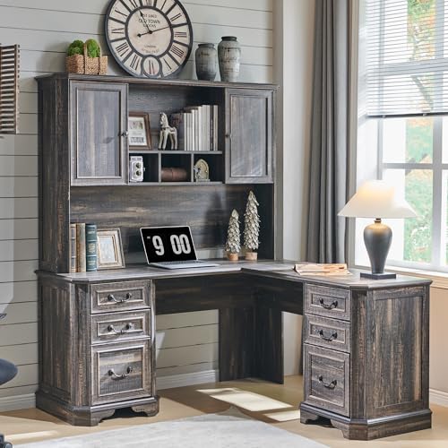 T4TREAM 59" Executive L Shaped Desk with Hutch,Victorian Wood Computer Desk, Featuring Charging Station,File Drawer, Storage Cabinet,for Home Office Work and Study (Dark Rustic Oak) T4TREAM