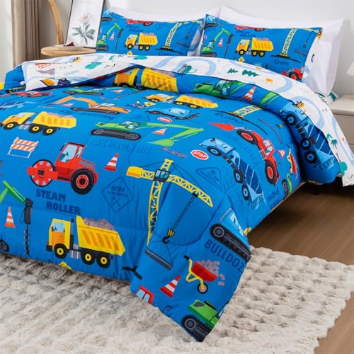 Holawakaka Trucks Excavator Cars Boy Bedding Comforter Set with Sheets, Twin Size Cartoon Construction Car Tractors Print Kids Bed in A Bag 5-Piece, Boys Reversible Dorm Bed Sets (Blue Twin) Holawakaka