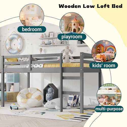 Mirightone Low Loft Bed Twin Size, Wood Junior Loft Bed Frame with Ladder for Kids Girls Boys Teens, Solid Rubberwood, Gray Mirightone