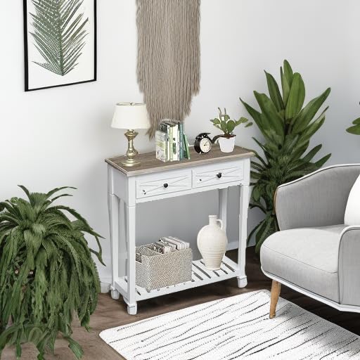 kinbor Entryway Table - White Console Table with 2 Drawers, Narrow Small Console Table with Storage Shelf for Entryway, Living Room, Hallway, White kinbor