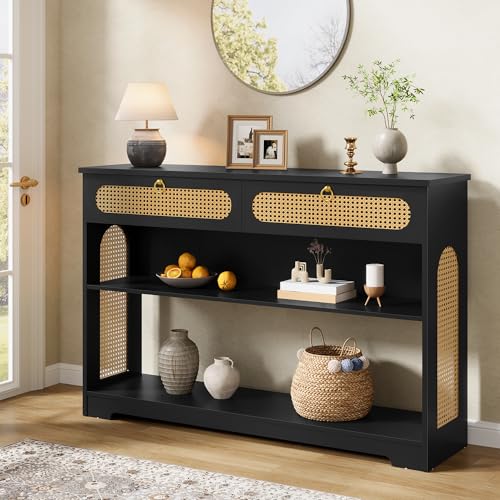 Hoctieon Rattan Console Table with 2 Drawers, 3-Tier Boho Woven Entryway Table with Back Panel and Open Storage Shelf, 40" Wood Narrow Long Sofa Tables for Hallway, Foyer, Living Room, Black Hoctieon
