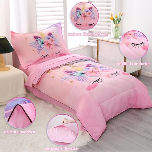 KINBEDY Toddler Bedding Set 4 Piece Pink Unicorn Crib Bedding Set for Girls Soft Cute Floral Toddler Bed Sheets Comforter Set Baby Bedroom Set, Include Comforter, Flat Sheet, Fitted Sheet, Pillowcase KINBEDY