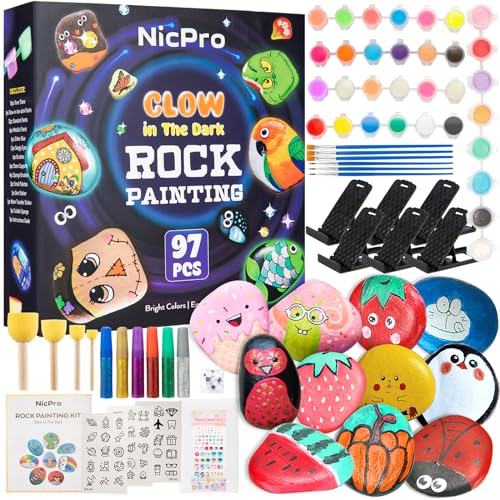 Nicpro 97PCS Rock Painting Kit Glow in The Dark & Metallic, 32 Colors Paint Supplies for Kids Ages 4-12, DIY Art Set 15 River Rocks with Holder, Toy Gift for Boys Girls Birthday Party Activities Nicpro
