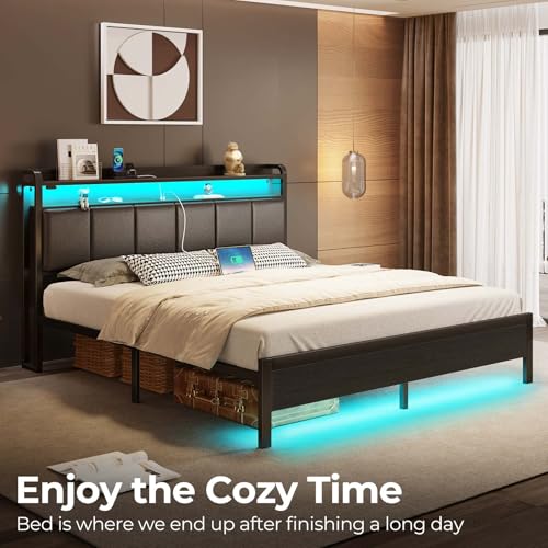Rolanstar Bed Frame King Size with Charging Station and LED Lights, PU Leather Headboard with Storage Shelves, Heavy Duty Metal Slats, No Box Spring Need, Noise Free, Easy Assembly, Black Rolanstar
