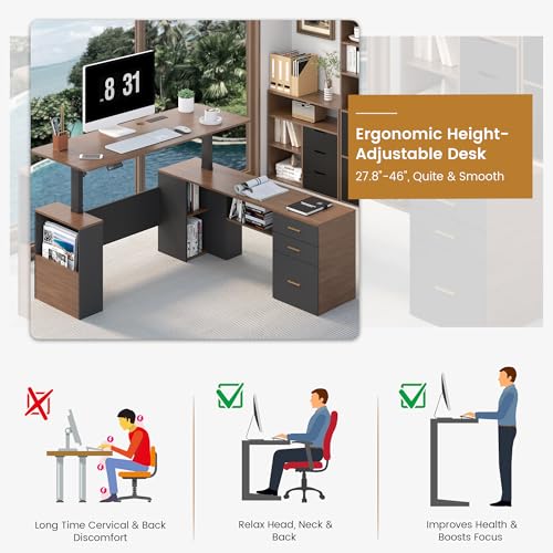 JOMEED 63" L Shaped Electric Standing Desk with Storage, Executive Adjustable Height with Power Outlets and Privacy Panel,Brown and Black JOMEED