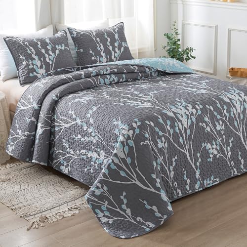Andency Quilt King Size Grey Blue (106x96 Inch), 3 Pieces Floral Lightweight Bedding Set, Microfiber Reversible Flower Quilted Bedspread Coverlet with 2 Pillowcases for Men Women