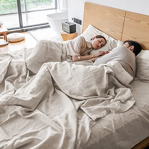 Simple&Opulence 100% Linen Sheet Set 4pcs Basic Style, Deep Pocket, Natural French Washed Flax Solid Color Soft Breathable Bed Sheets - Linen, Queen Simple&Opulence