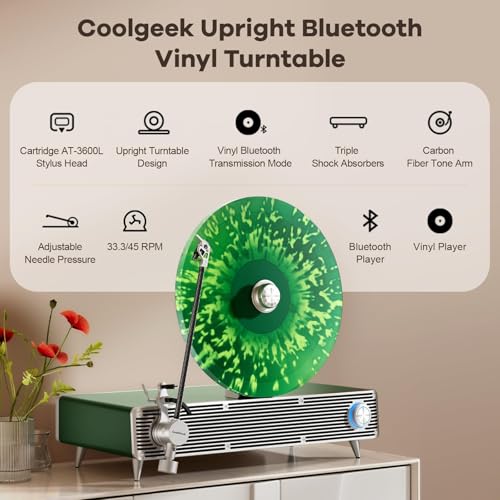 CoolGeek VS01 Vertical Record Player with Built-in Subwoofer & Speakers, Premium Hi-Fi Turntable with AT-3600L Stylus, Anti-Vibration Upright Vinyl Player for Home Decor (33/45 RPM) (Green) COOLGEEK
