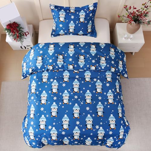 JSD Blue Penguin Snowflakes Kids Duvet Cover Set Twin Size, 2 Piece Printed Comforter Cover with Pillow Sham Zipper Closure, Comforter Not Included JSD