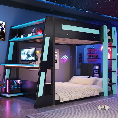 Full Over Full Wooden Bunk Bed with Desk & Charging Station & LED Lights,Gaming Loft Bed Frame with Safety Guardrails,Ladder and Storage Shelves,Esports Design for PC & Console Gamers,Black Blue FUvellamo