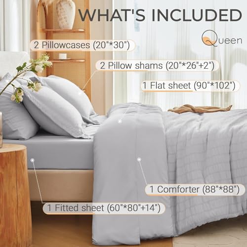 MUXHOMO 7 Pieces Queen Comforter Set, Seersucker Bed in a Bag Queen Size, All Season Luxury Bedding Set with Comforter, Flat Sheet, Fitted Sheet, Pillowcases & Shams, Light Grey MUXHOMO