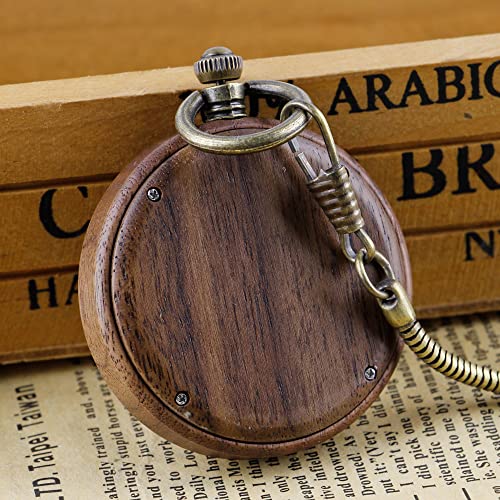 Tiong Wooden Pocket Watches for Men Handmade Bamboo with Chain Analog Quartz Wood Pocket Watch Father's Day Gifts for Dad(Dark Brown) Tiong
