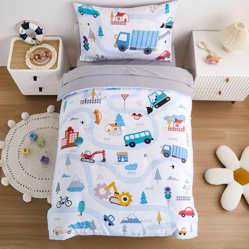 NacoMoco 4-Piece Cars Toddler Bedding Set for Boys Girls- Soft & Skin Friendly Toddler Bed Set Includes Toddler Comforter, Flat Sheet, Fitted Sheet and Pillowcase (Light Blue) NacoMoco