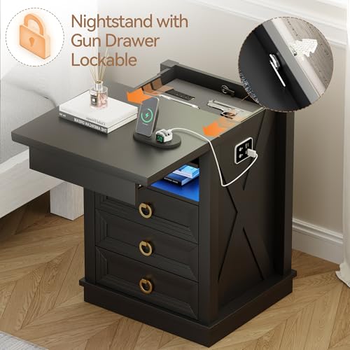 Lvifur Farmhouse Nightstand with Gun Drawer, Human Sensor LED Bedside Table with LED Lights & Charging Station, Rustic Wood Sofa Side End Table with 3 Drawers for Bedroom (Black) Lvifur