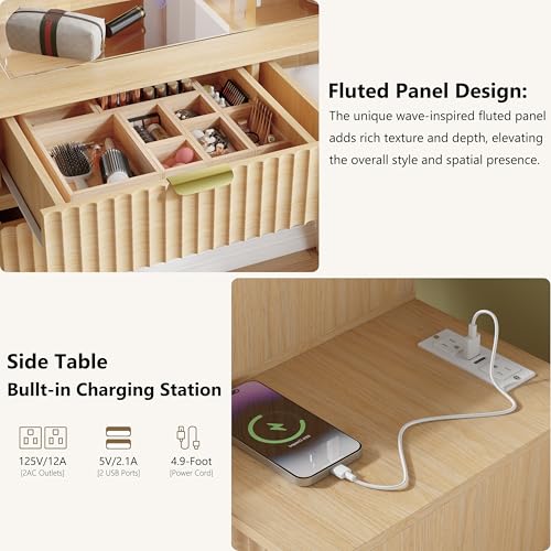 IAISRO 42'' Fluted Makeup Vanity Desk with LED Lights Mirror & Charging Station, Modern Glass Top Vanity Table with 5 Drawers & Open Shelves, Dressing Table for Bedroom, Living Room, Oak IAISRO