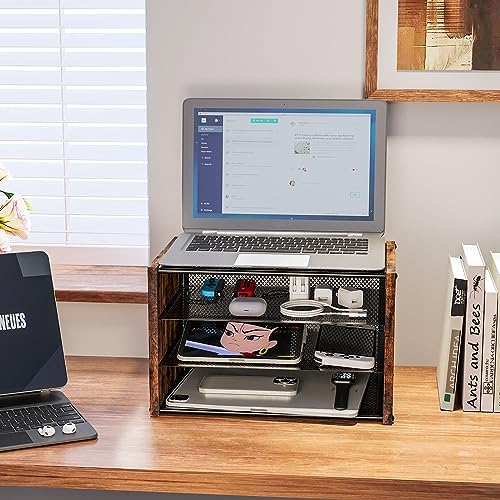 DAOUTIME 3-Tier Paper Organizer Letter Tray, Wooden Desk File Organizer, Stackable Metal Mesh Desk Organizer for A4 Printer Paper Storage. Small Paper Trays for Home Office School, Rustic Brown DAOUTIME