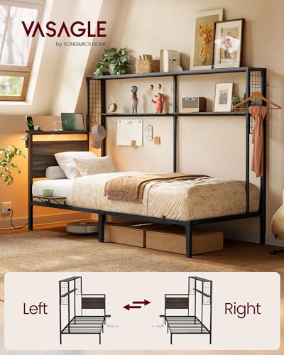 VASAGLE Twin Size Metal Bed Frame with Headboard, Multifunctional Storage, Built-in LED Lights, Charging Station, Bookshelf, Bedside Shelf, Space-Saving, No Box Spring Needed, Ash Brown URMB963K01 VASAGLE