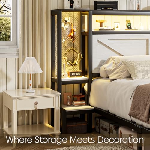 Otevehde Queen Size Rustic Bed Frame with Storage Born Door Headboard and Bedside Storage, Industrial Farmhouse Metal Platform Bed Frame with Charging Station and LED Lights, White Otevehde