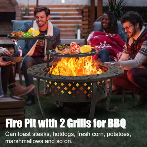 Panovue 36 Inch Fire Pit with 2 BBQ Grills, Wood Burning Fire Pits for Outside with Lid & Fire Poker, BBQ& Outdoor Firepit & Round Metal Table 3 in 1 for Patio, Picnic, Party… Panovue
