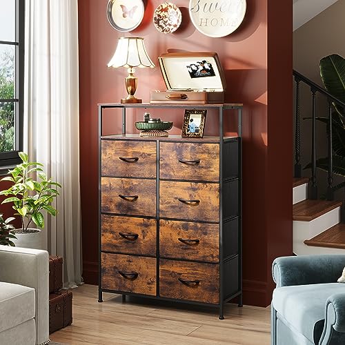 WLIVE Fabric Dresser for Bedroom with Open Shelves, Tall Dresser with 8 Drawers, Storage Tower with Fabric Bins, Chest of Drawers for Closet, Hallway, Rustic Brown Wood Grain Print WLIVE