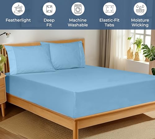 Royale Linens 100% Organic Cotton Fitted Sheet - Percale Weave - Super Soft Deep Pocket Bottom Sheets - Lake Blue Elastic Sheet Full Size - Full Fitted Sheets Only - (54"x75"+15", Lake Blue) ROYALE LINENS