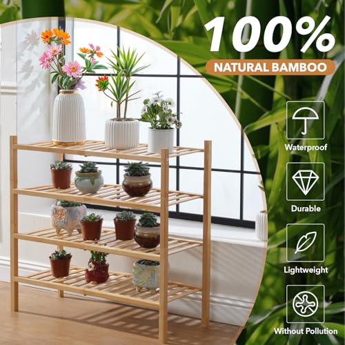 4 Tier Bamboo Shoe Rack Storage Organizer for Closet, Multifunctional Stackable Free Standing Shoe Shelf Organizer for Small Space,Entryway,Hallway,Bathroom 27"x11"x26"(Natural, 4 Tier) Buymoth