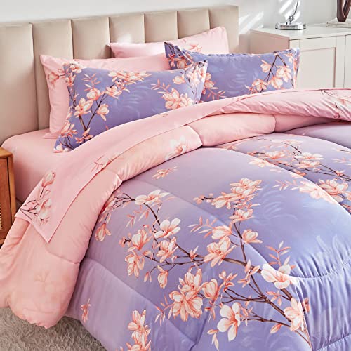 AIKASY Pink and Light Purple Queen Comforter Set with Sheets,Bed in a Bag 7-Pieces,Branches and Flowers Printing Design,Ultra Soft Down Alternative All Season Bedding Set(Queen,Blossom Stem) AIKASY